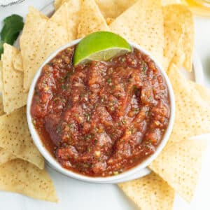 Square picture of restaurant style salsa.