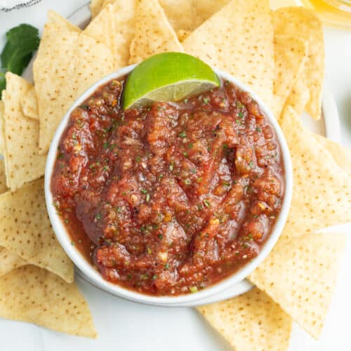 Square picture of restaurant style salsa.