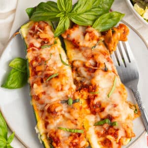 Picture of chicken zucchini boats on a plate.