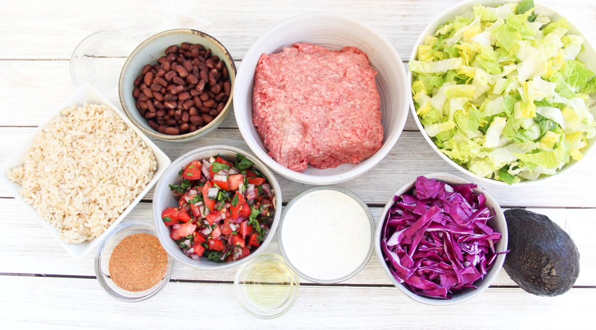 picture of each ingredients for the beef taco bowl
