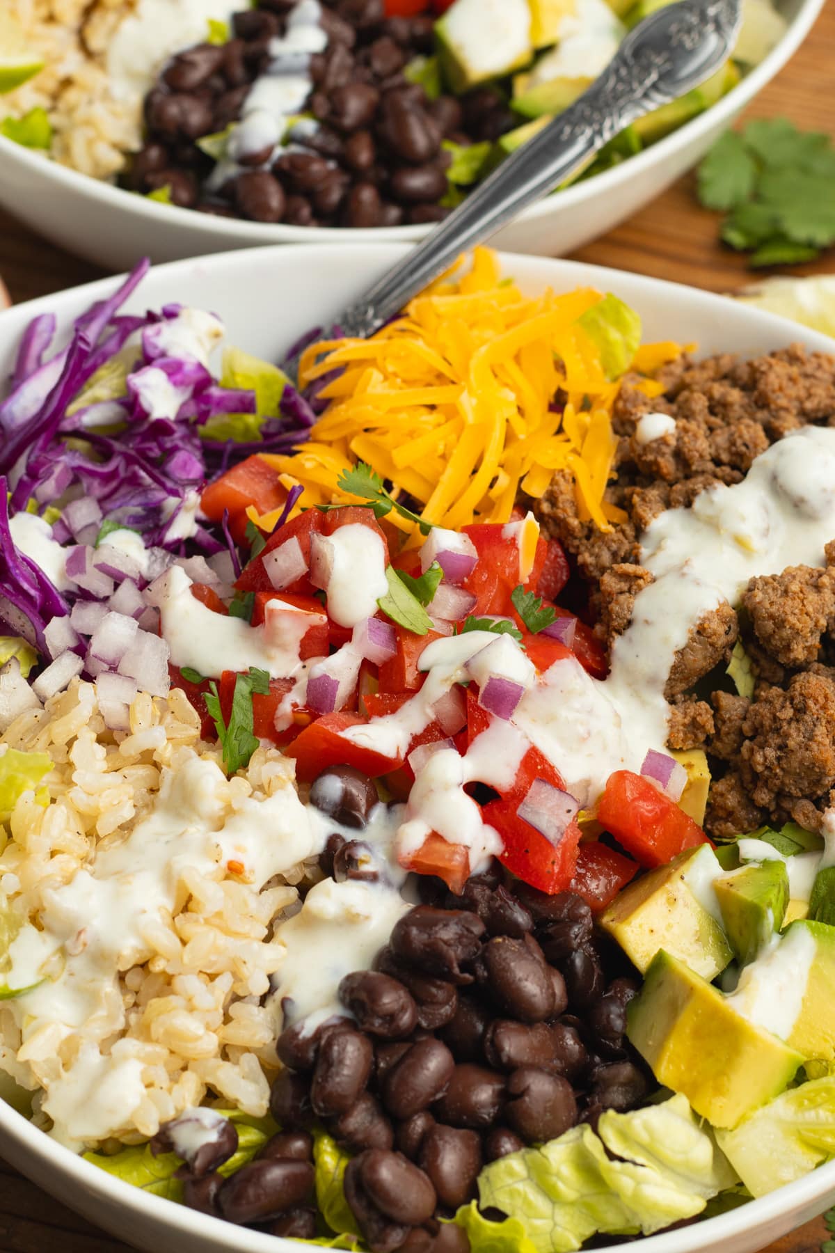 This is a close-up picture of a beef taco bowl.