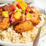 Picture of air fryer salmon with mango salsa.