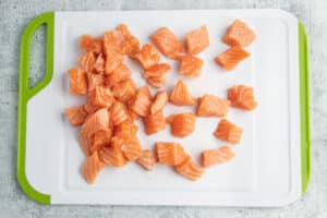 Picture of chopped salmon bites.