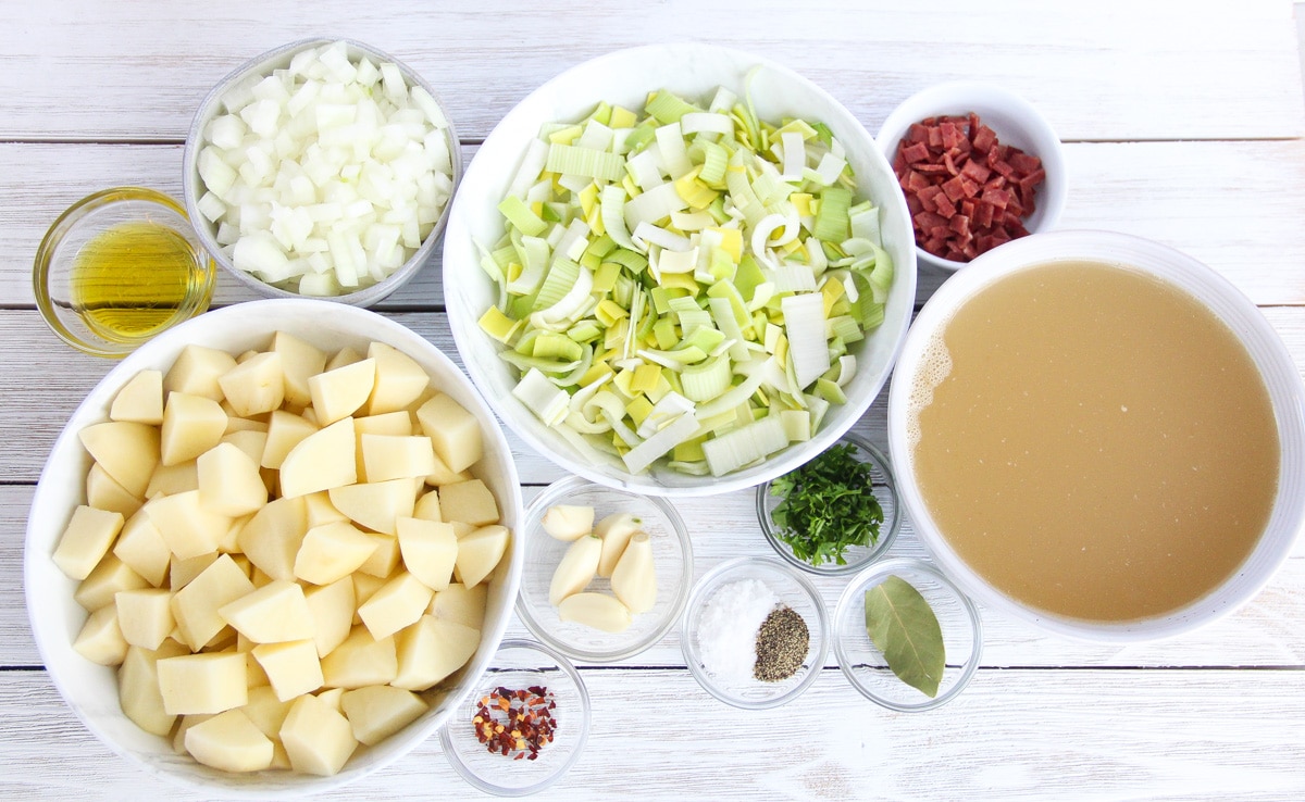 image of all ingredients of easy potato leek soup in individual bowls