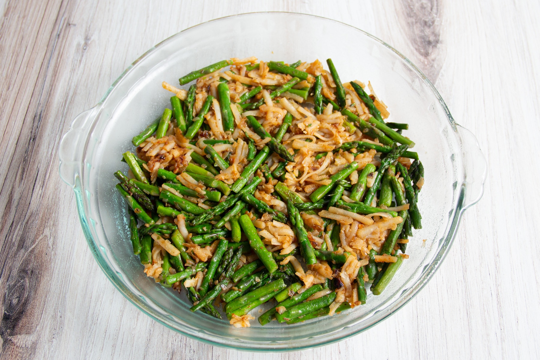 This is a picture of a baking dish with the mixture added.