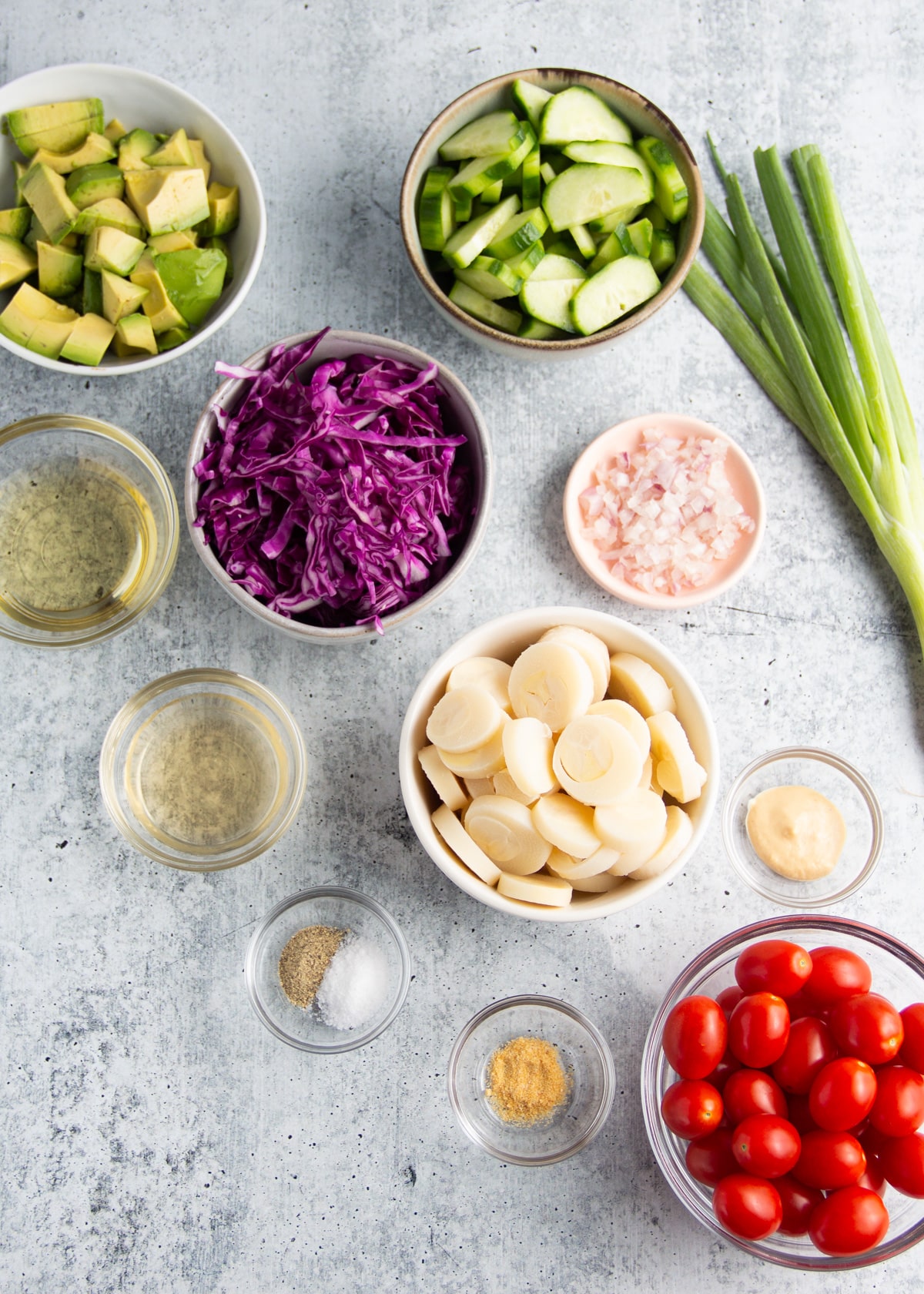 Picture of all ingredients in individual bowls. 