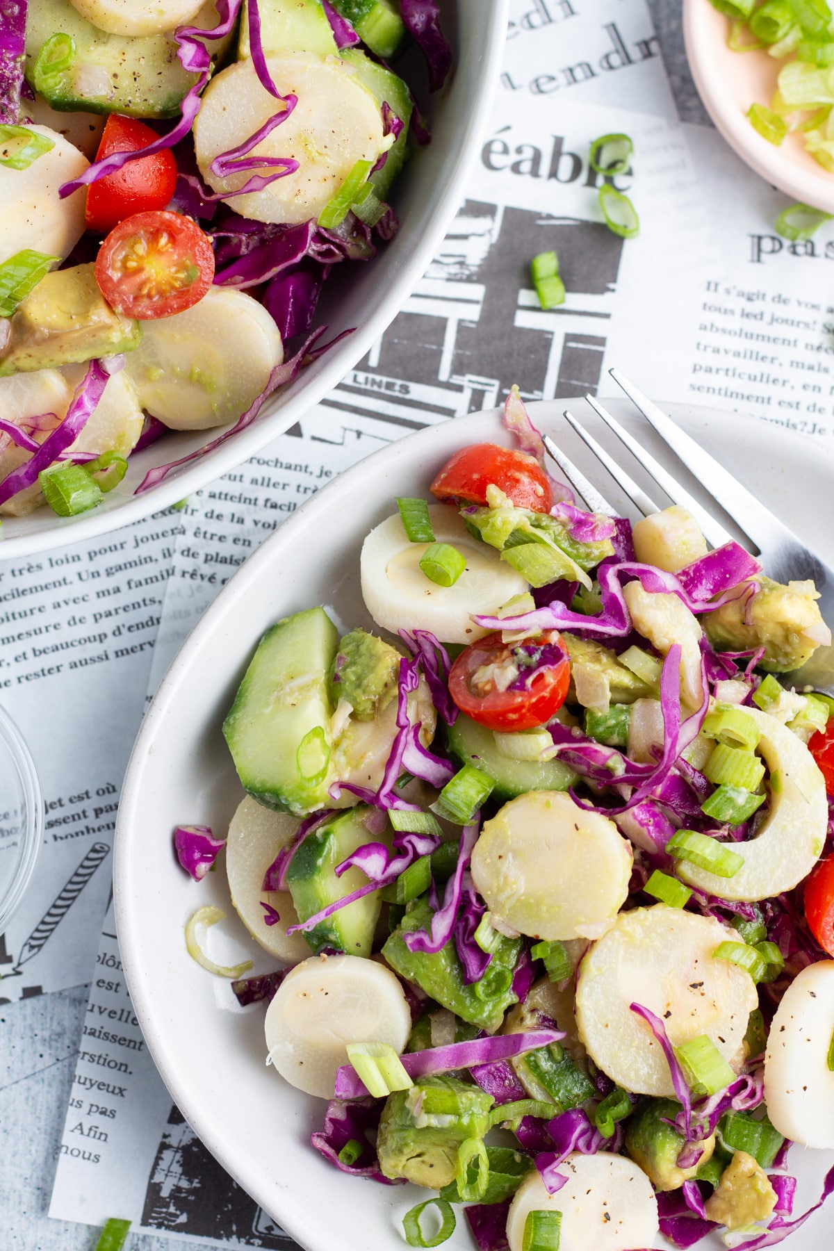 Plate with hearts of palm salad.