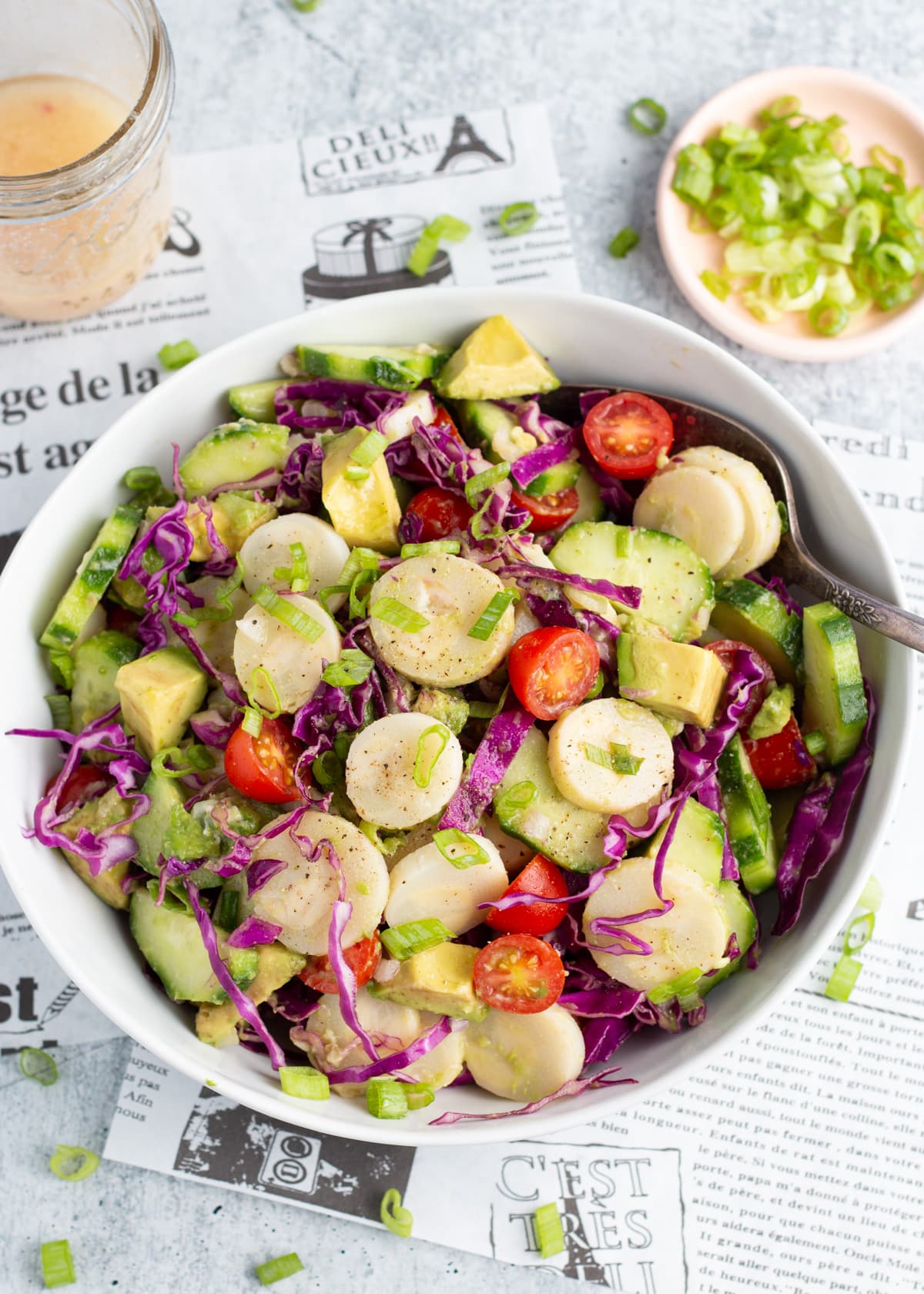 Bowl with hearts of palm salad.