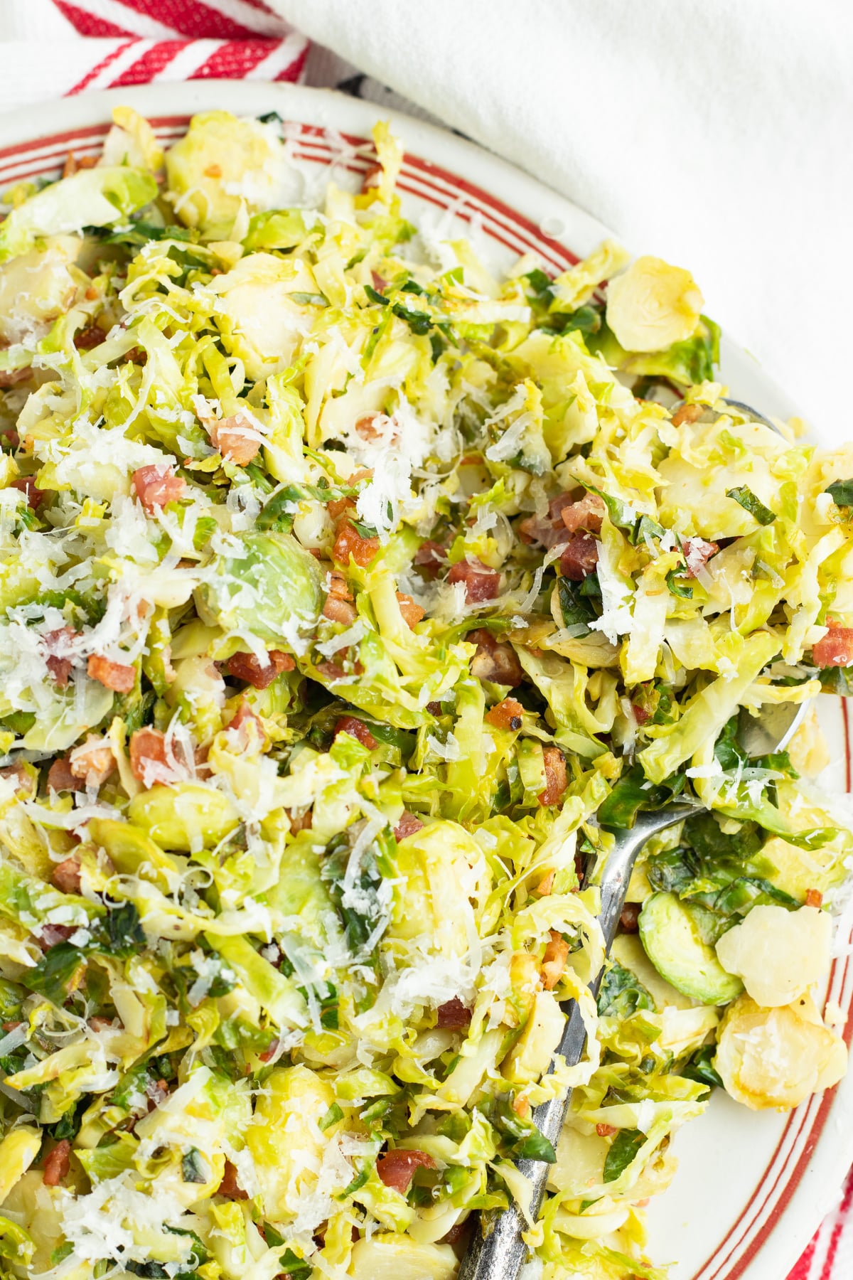 Close up picture of Brussels sprouts with pancetta and parmesan in plate. 