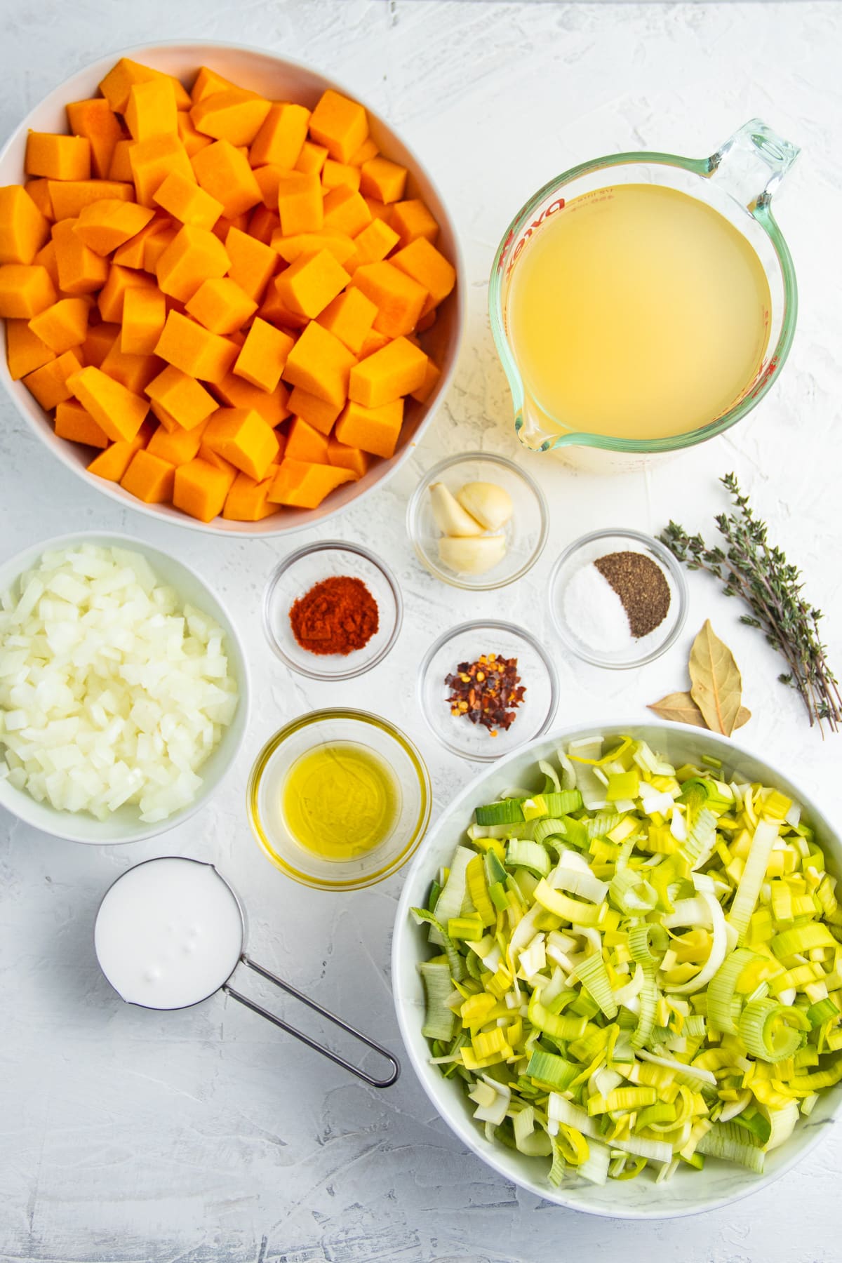 Picture of all individual ingredients in separate bowls. 