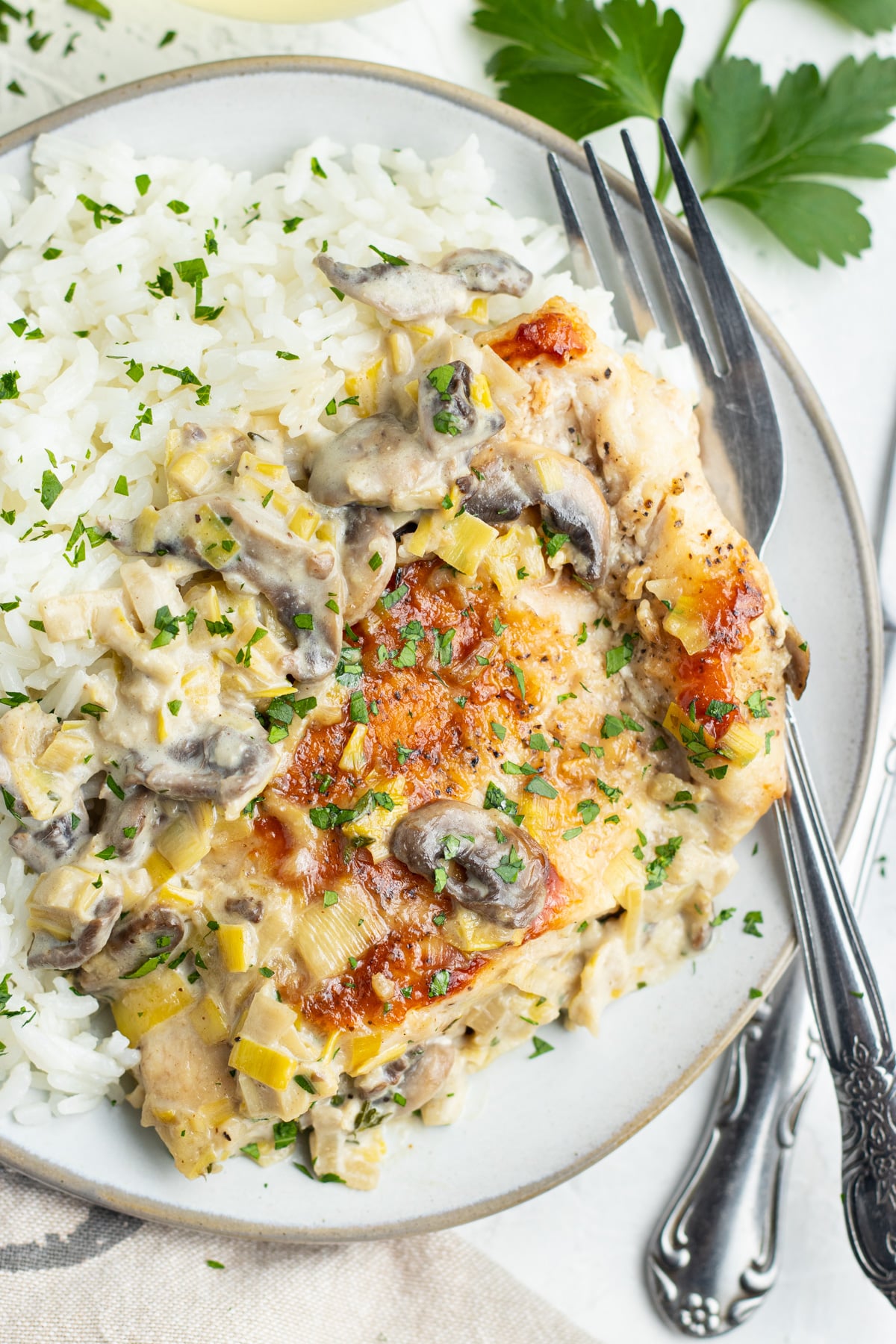 Photo of creamy dijon chicken with mushrooms and leeks close up on a plate with rice. 