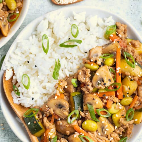 Picture of plate with white rice and ground chicken stir fry.