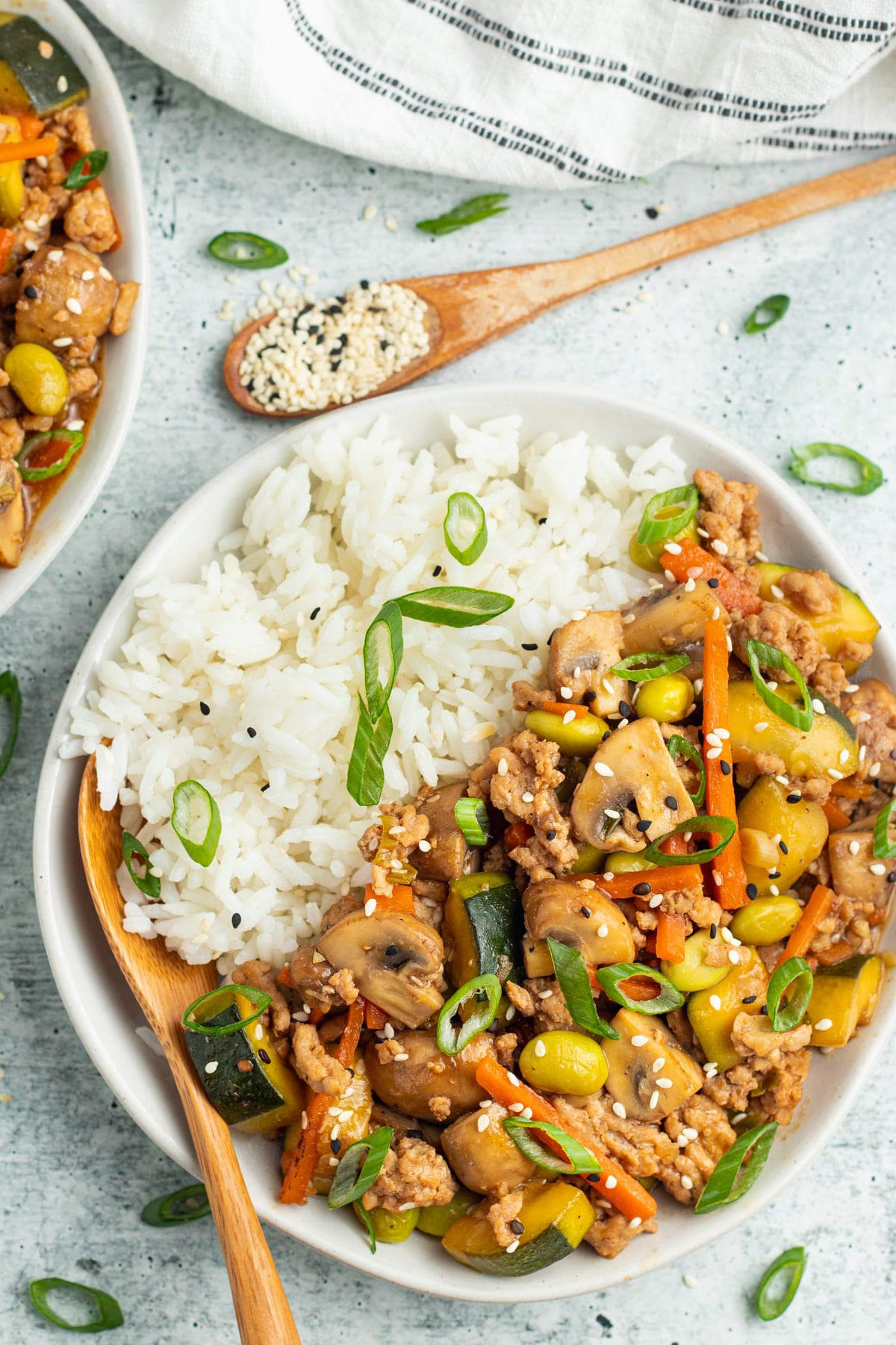 Picture of chicken and vegetable stir fry with rice on a plate. 