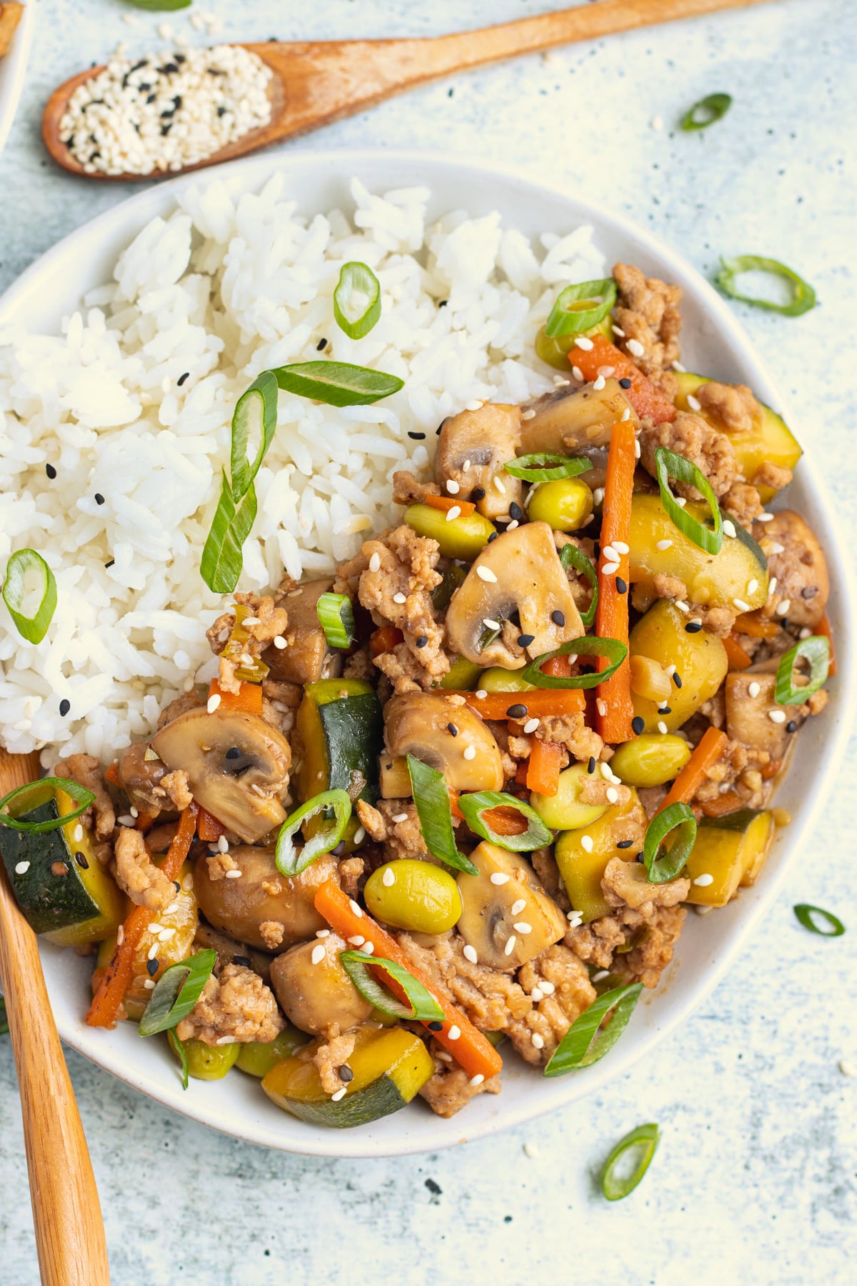 Picture of chicken stir fry with rice on a plate. 