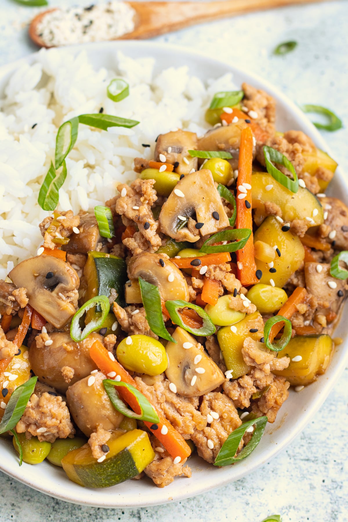 Picture of ground chicken stir fry close up on a plate. 