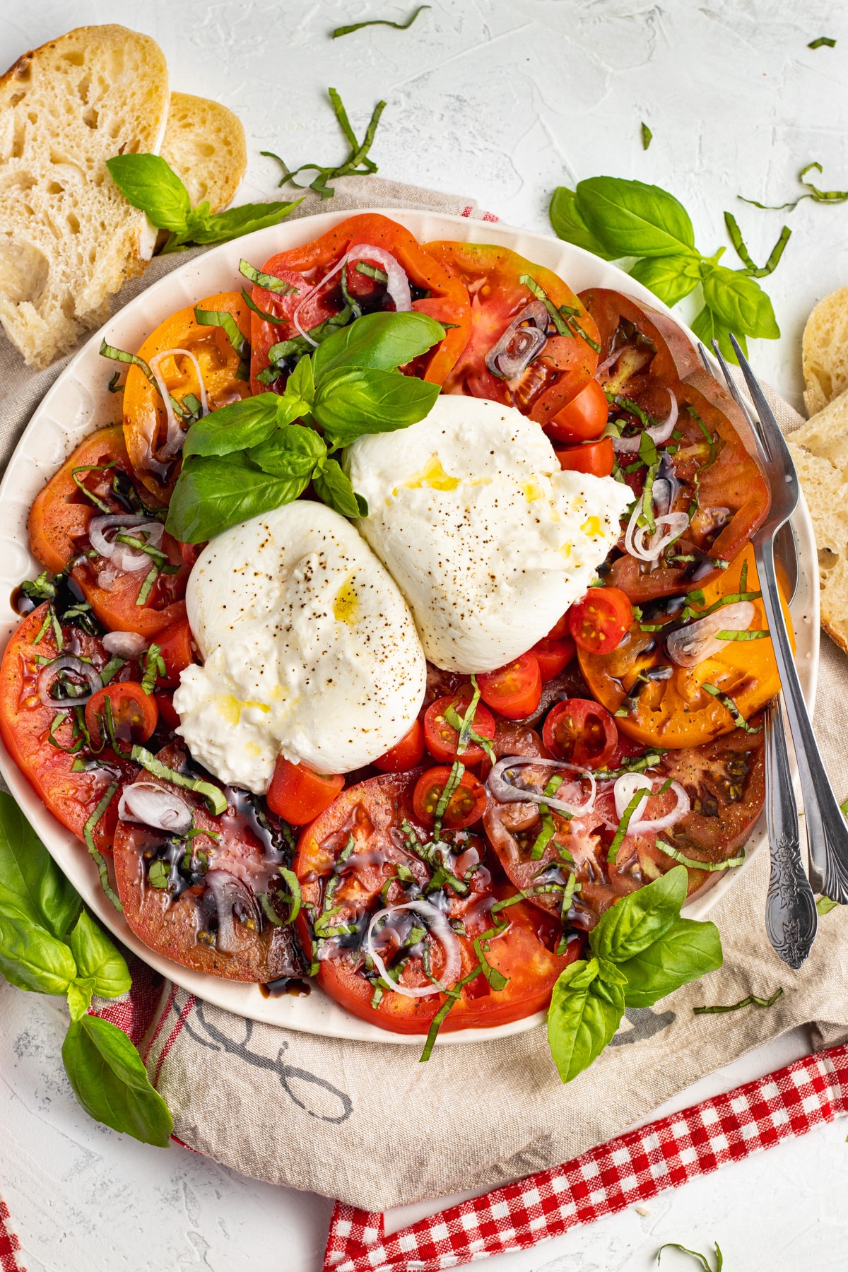 Picture of plate with tomatoes, burrata, shallots and basil. 