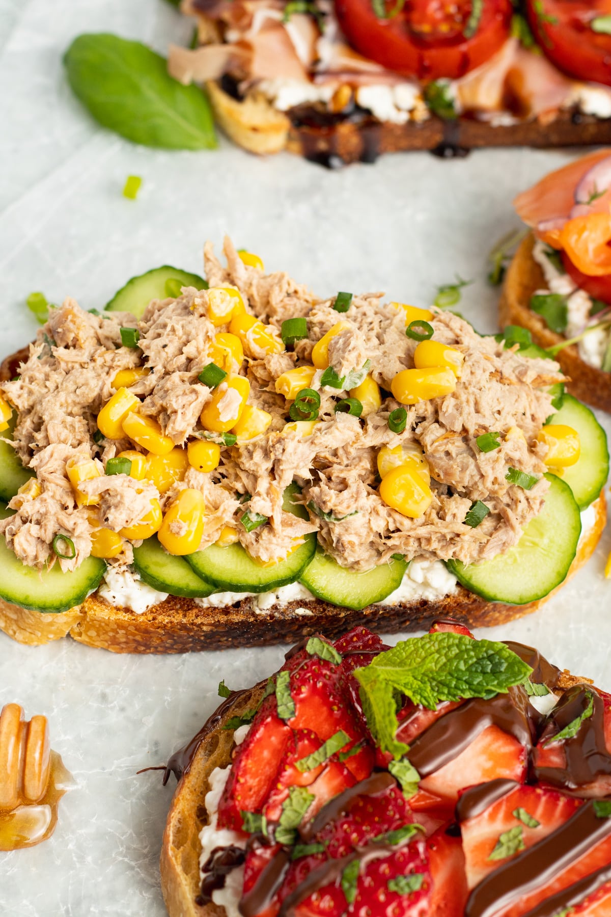 Picture of tuna and corn salad toast.