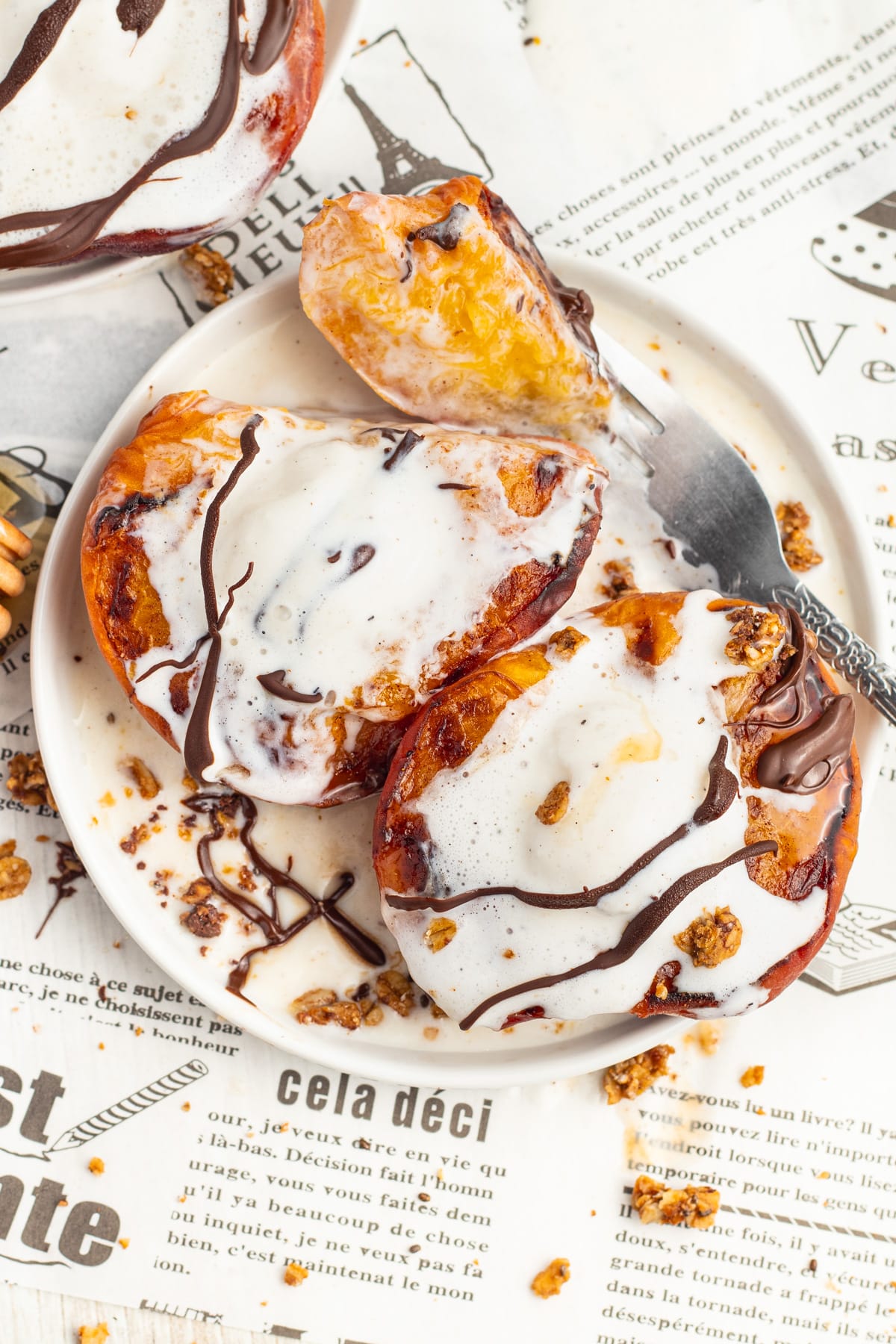 Picture of air fryer peaches showing a piece of peach. 