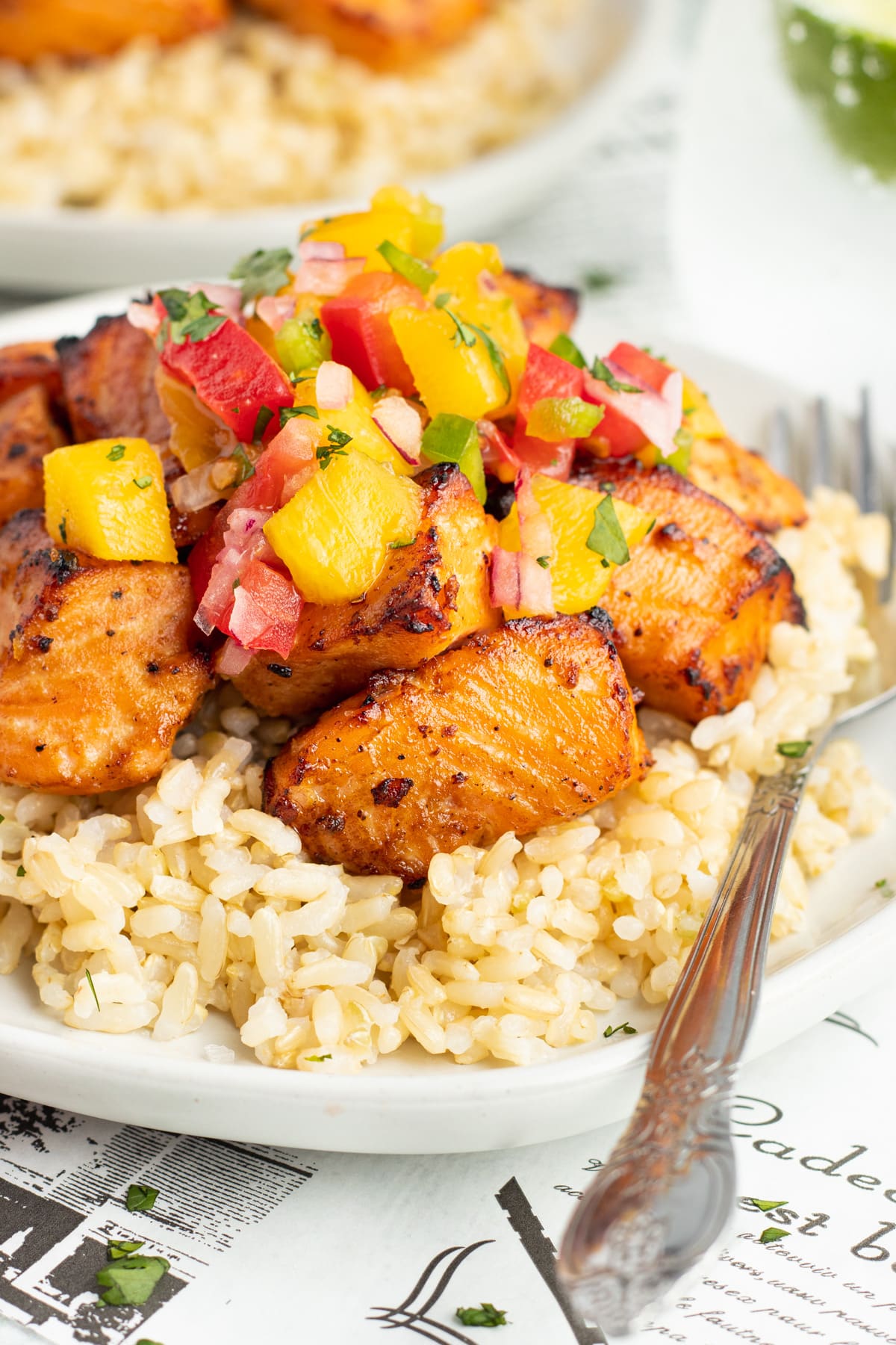 Picture of air fryer salmon with mango salsa.