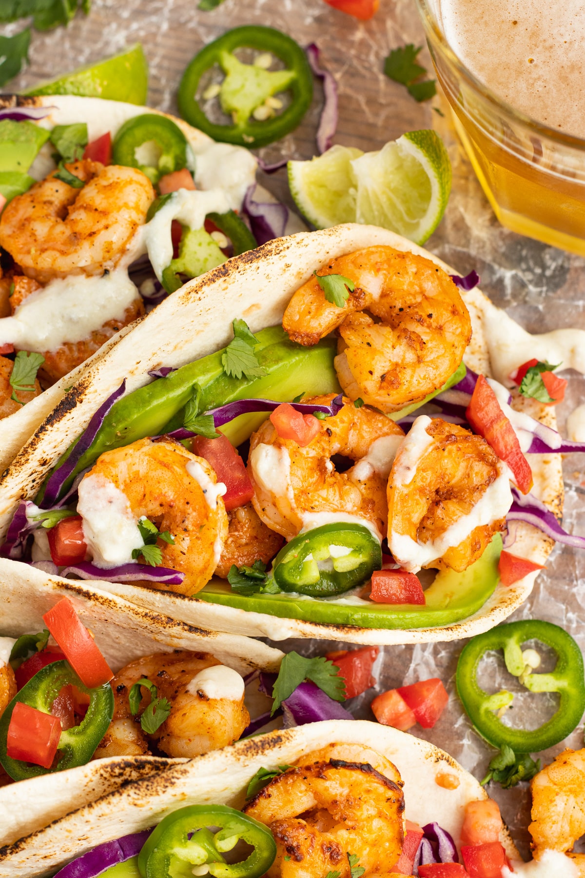 Close up picture of shrimp tacos.