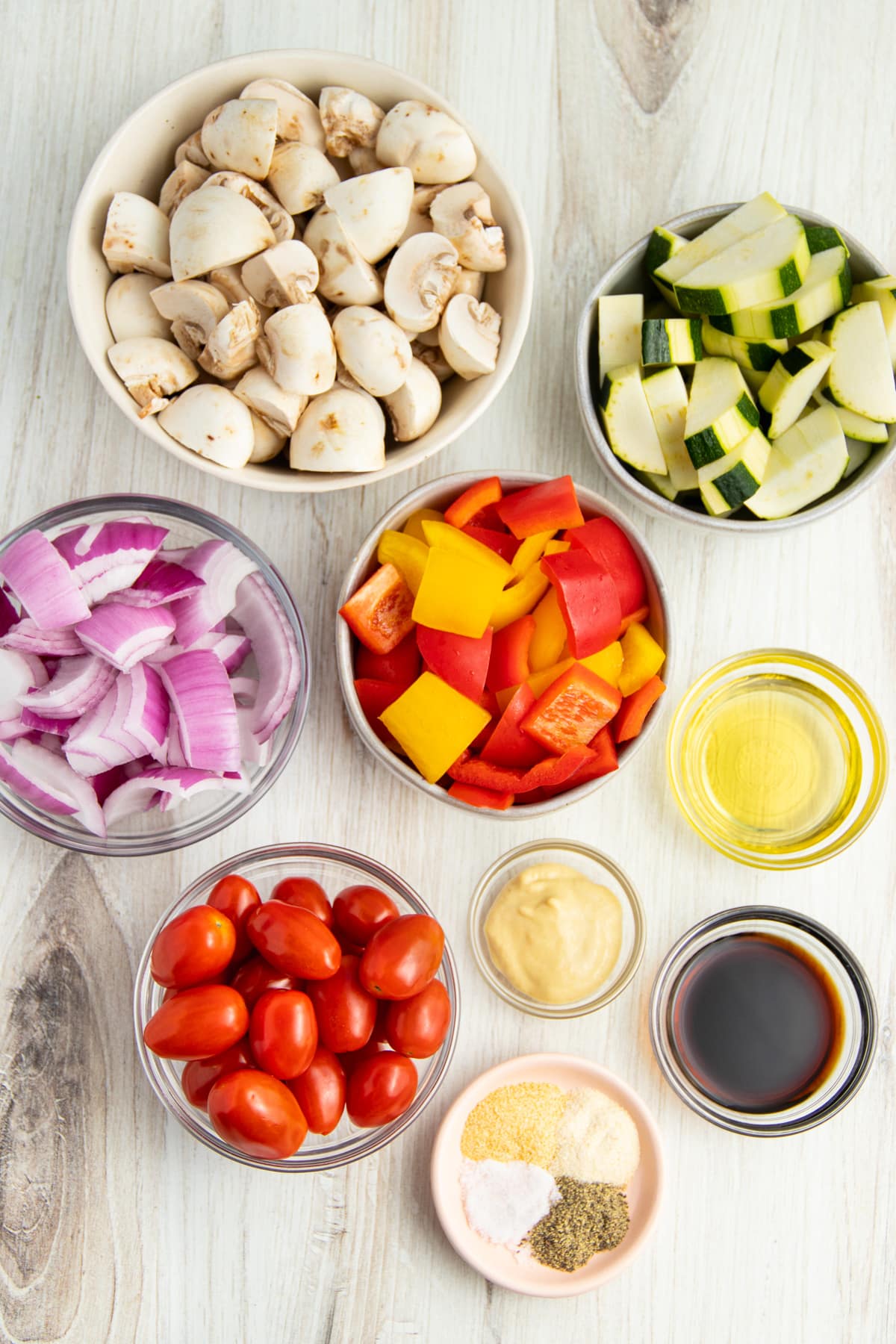 Picture of all ingredients in individual bowls. 