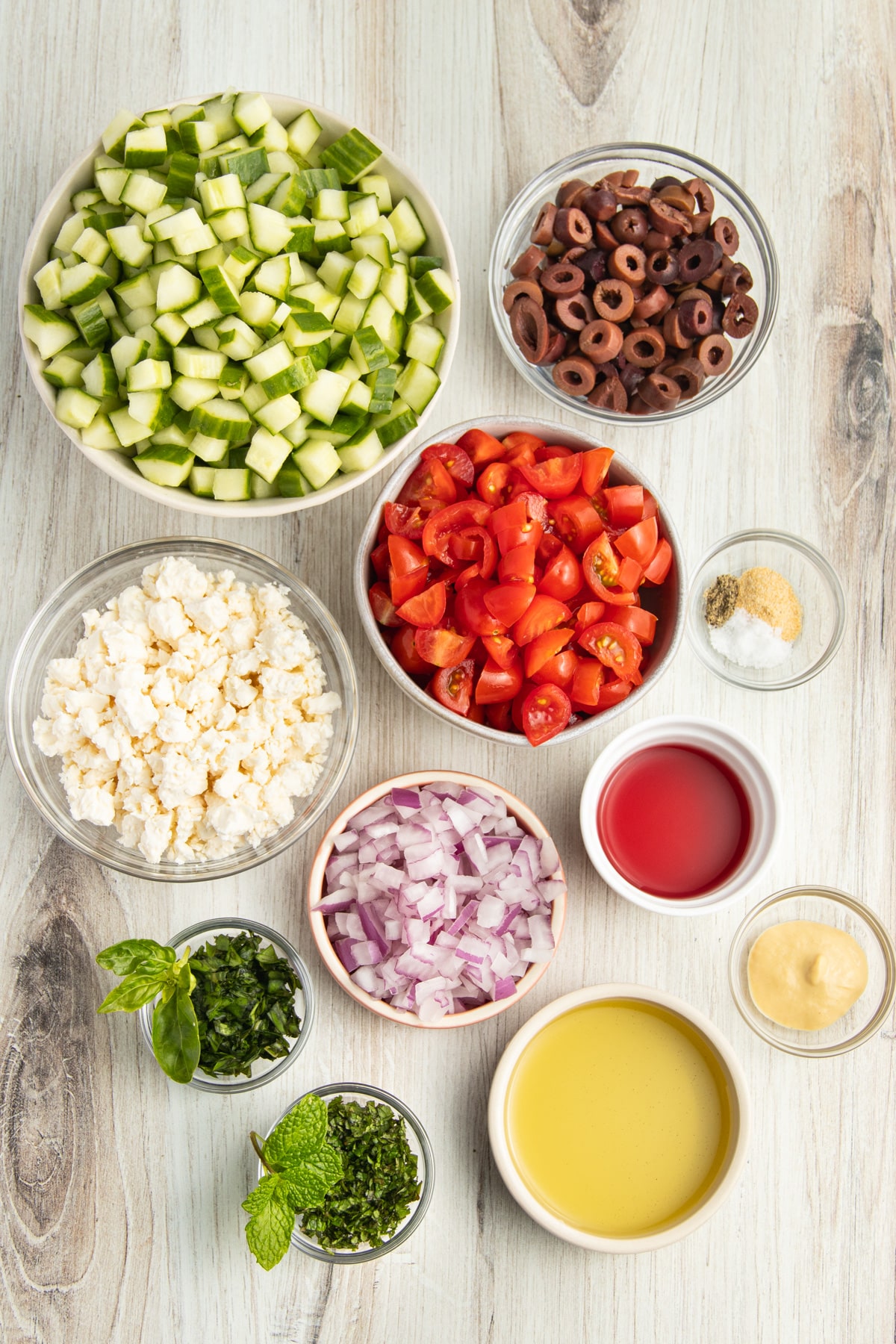 Picture of all ingredients in individual bowls.