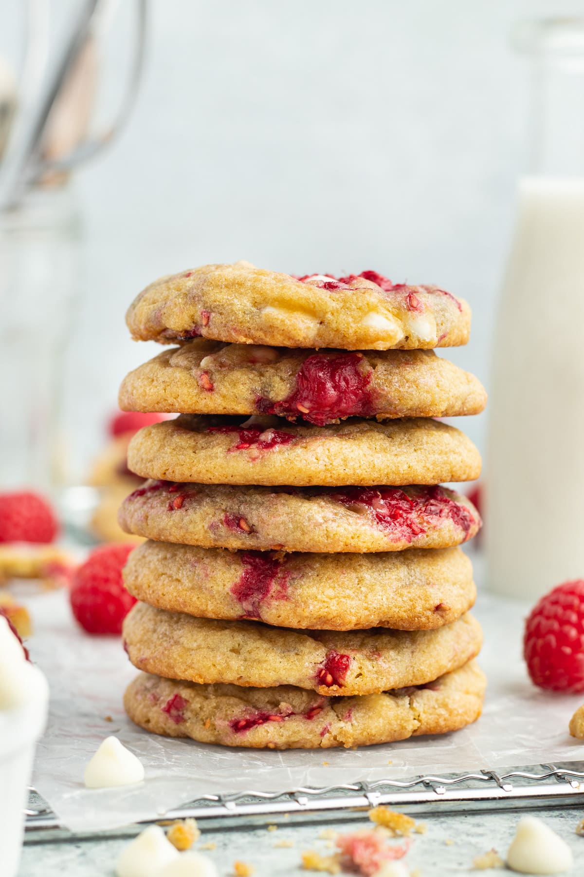 Picture of raspberry and white chocolate cookies in a stack.