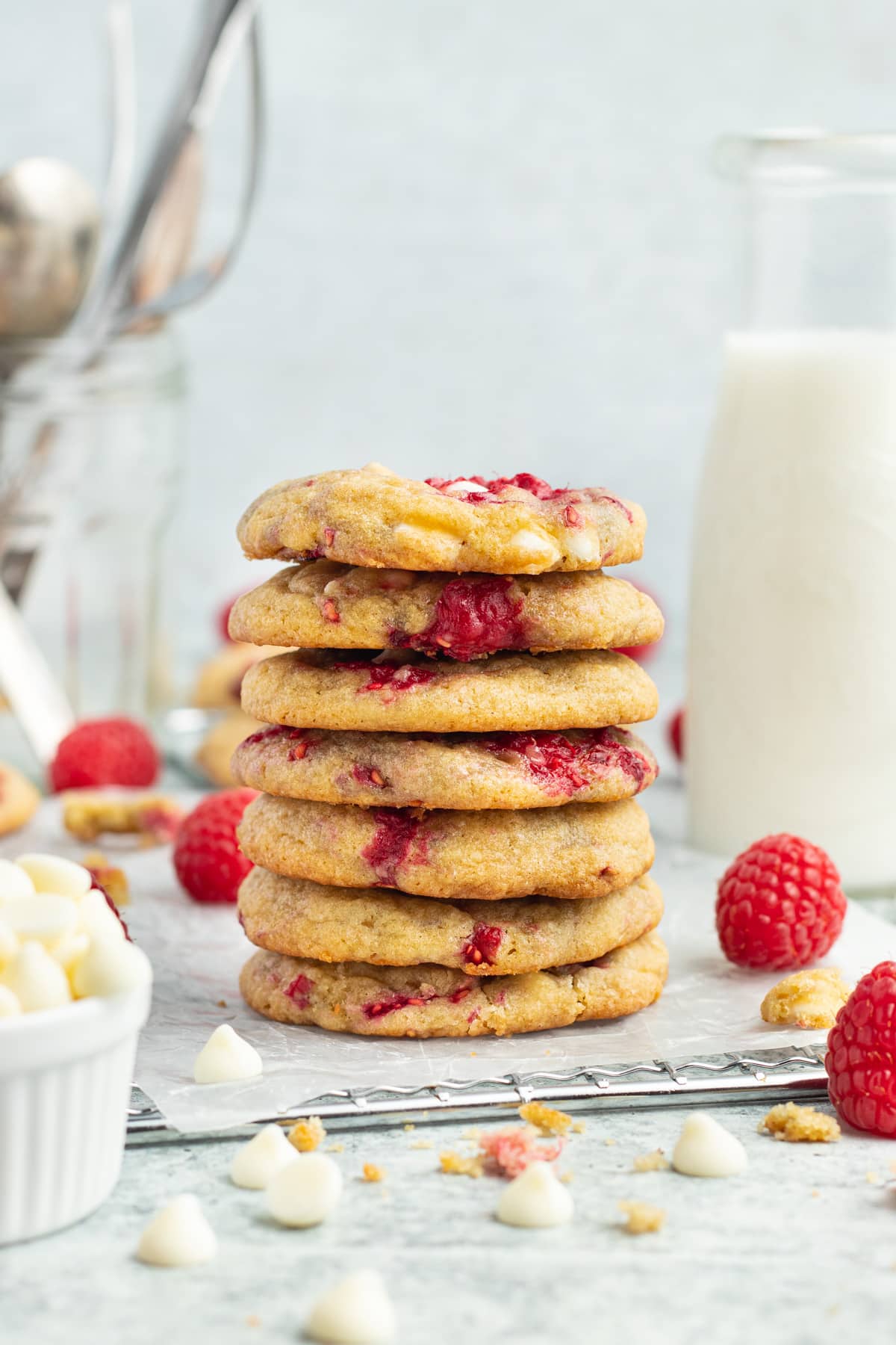 Picture of raspberry and white chocolate chips cookie stack. 