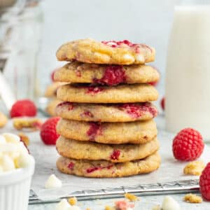 Picture of stack of raspberry and white chocolate chips cookies.