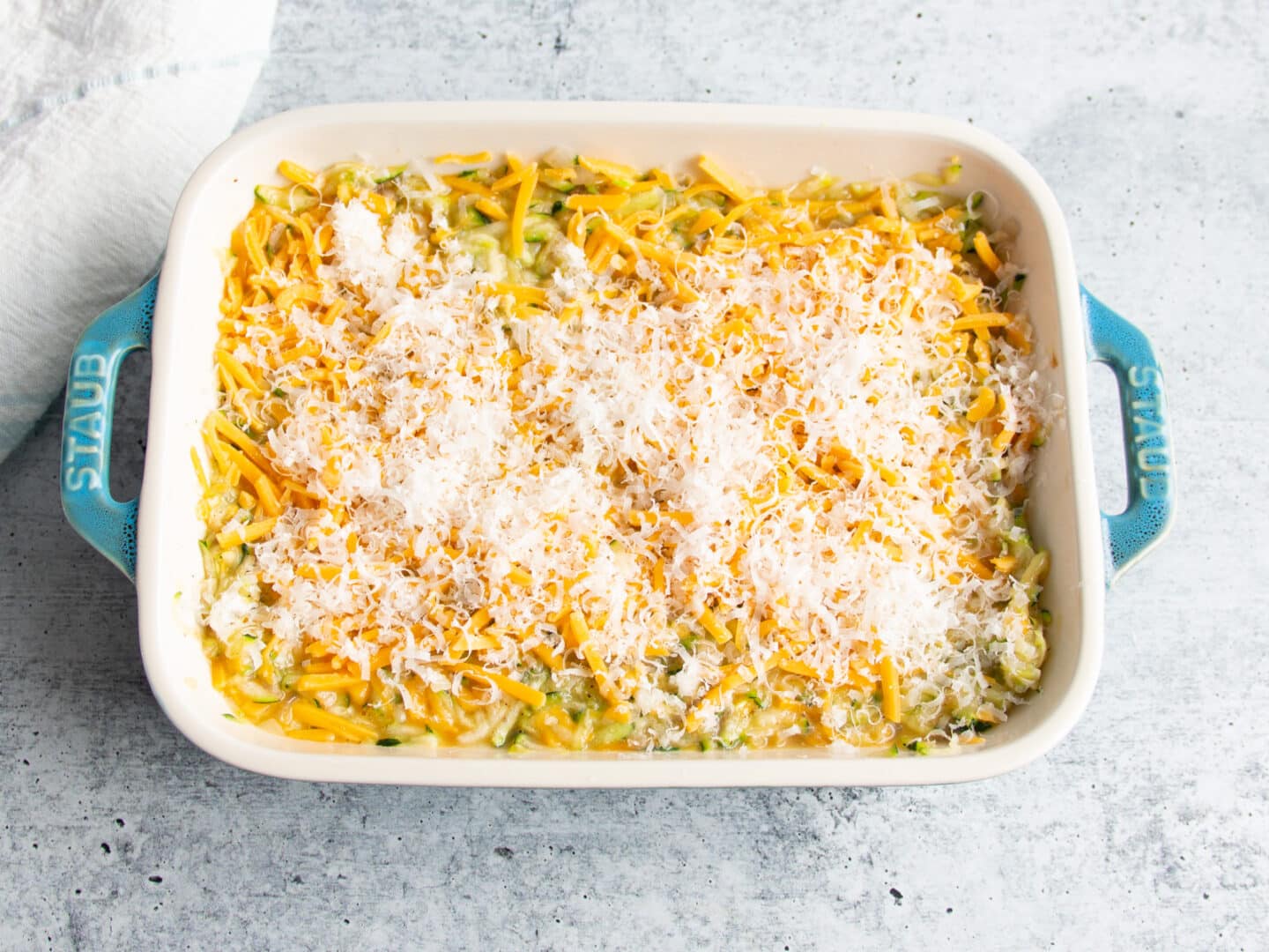 Picture of baking pan with zucchini casserole. 