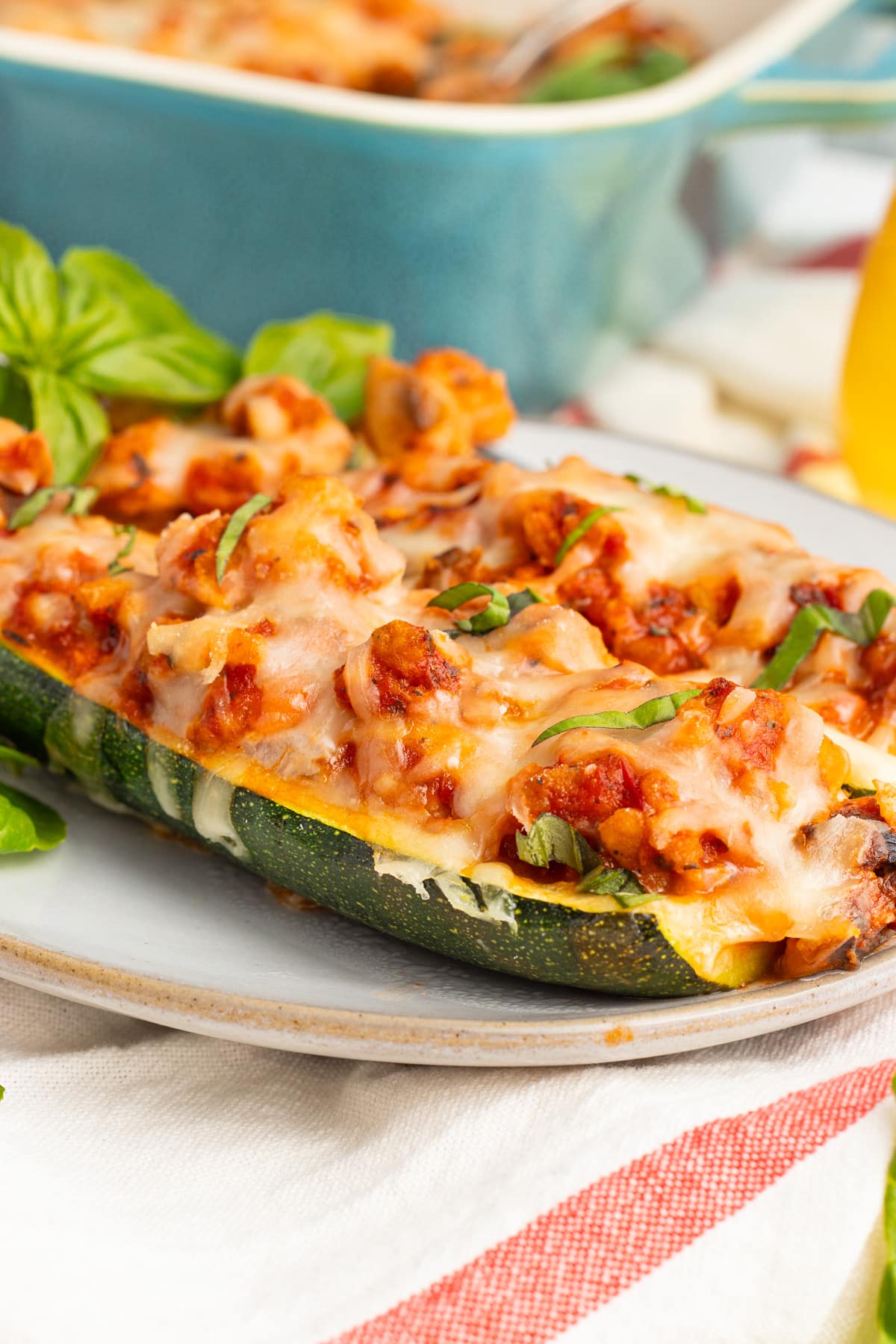 Close up picture of chicken zucchini boats.