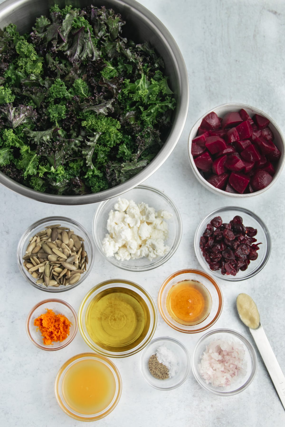 This is a picture of all the ingredients used to make this kale salad. 