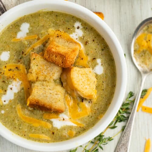 This is a square picture of this broccoli zucchini soup recipe.