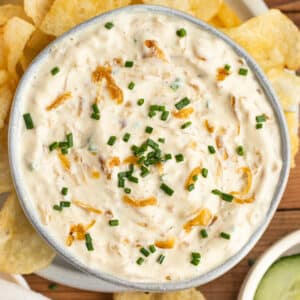 This is a square picture of a bowl filled of caramelized greek yogurt onion dip.