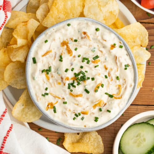 This is a square picture of a bowl filled of caramelized greek yogurt onion dip.