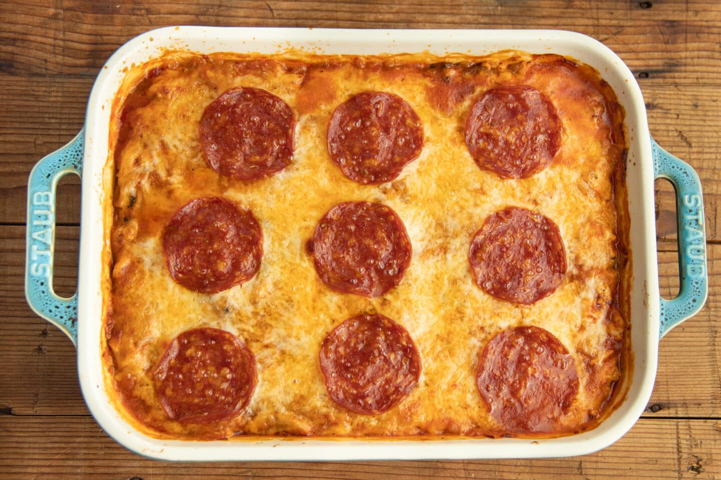 This is a picture of the baking dish with the spaghetti squash pizza casserole out of the oven. 