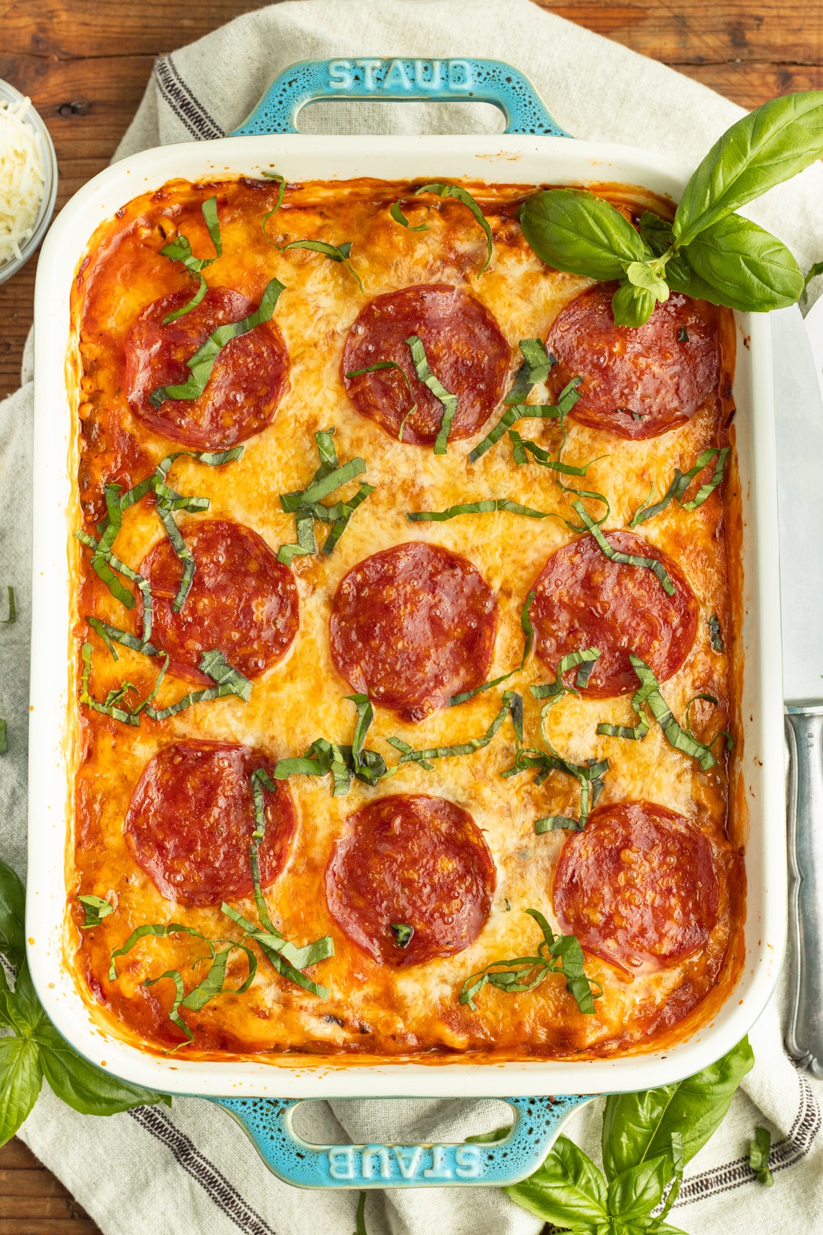 This is a picture of a baking dish with spaghetti squash pizza casserole.