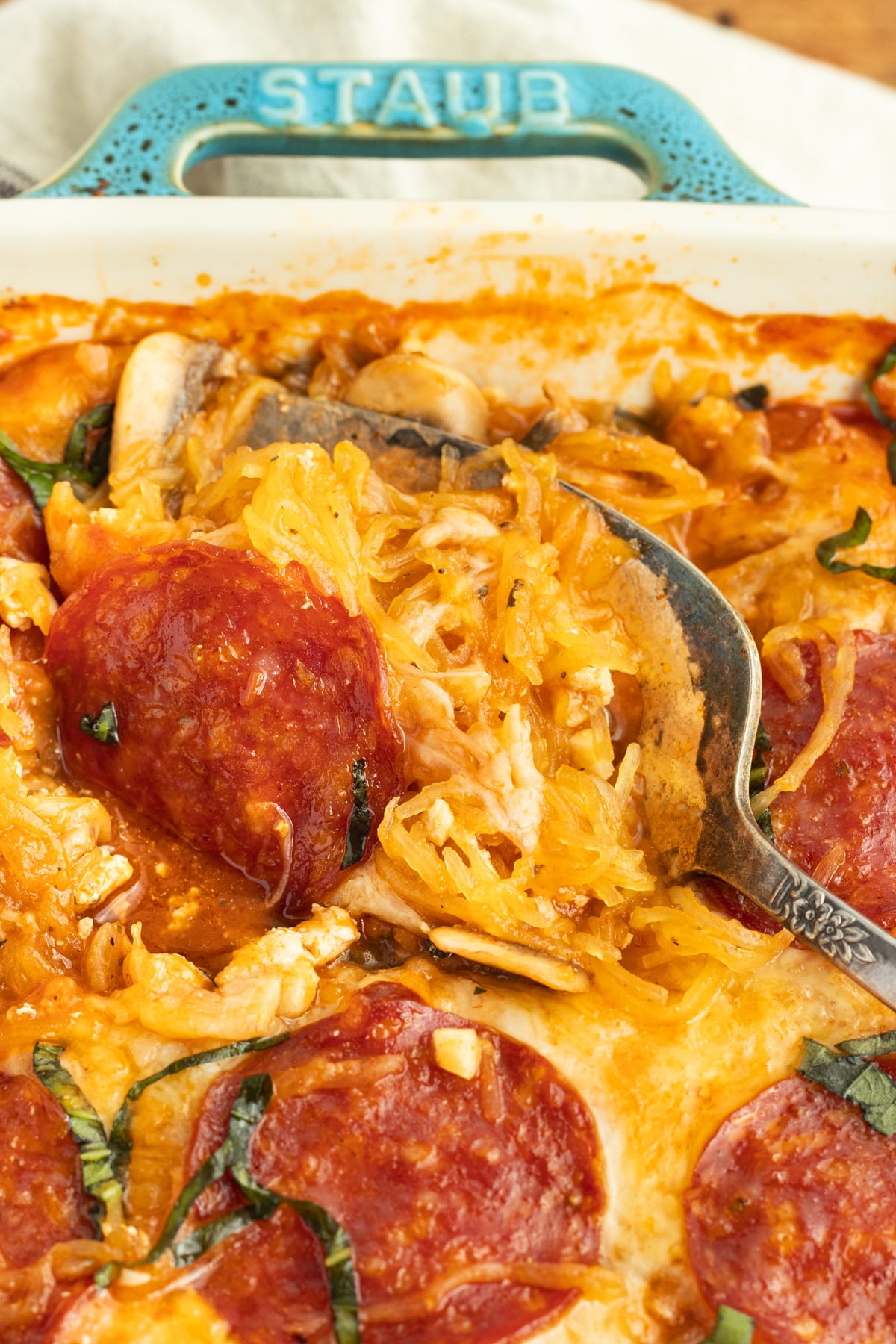This is a close up picture of the spaghetti squash pizza casserole.