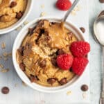 This is a square picture of a ramekin with oats.