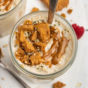 This is a square picture of Biscoff overnight oats.