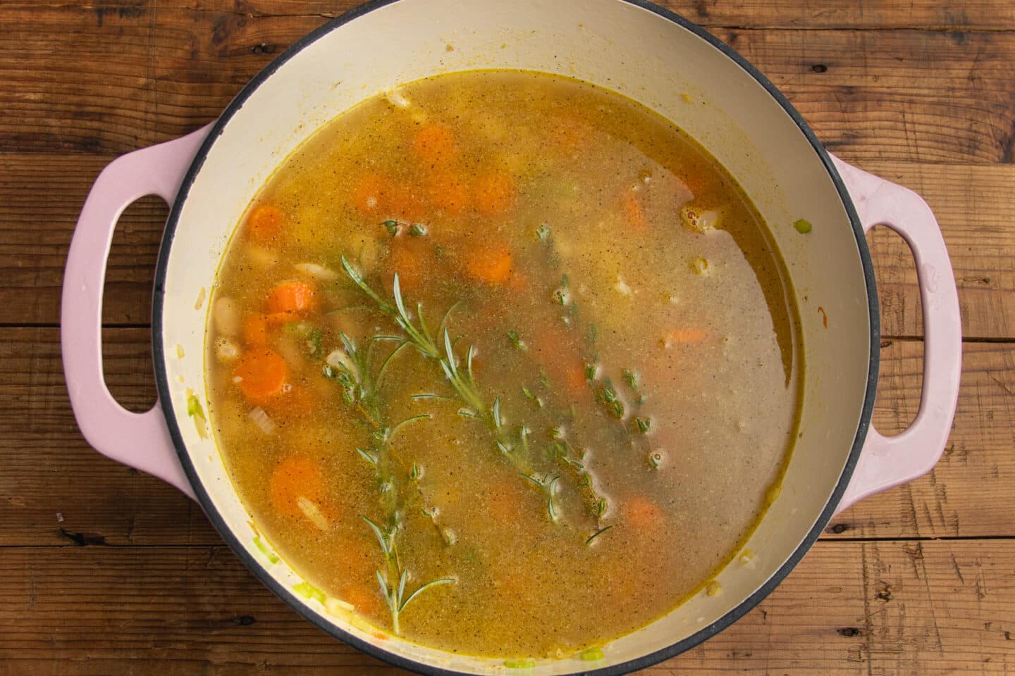 This is a picture of the large pot with broth and herbs added.