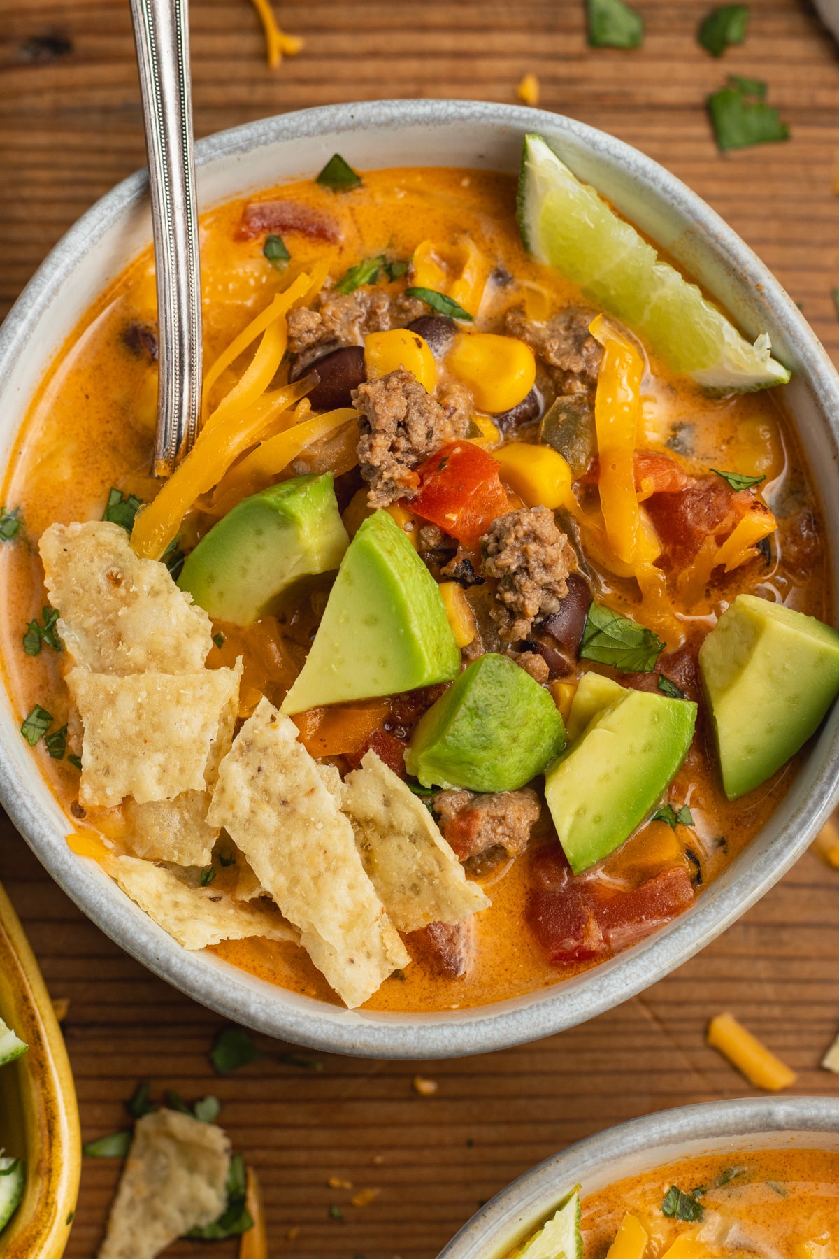 This is a picture of a bowl with creamy beef taco soup.