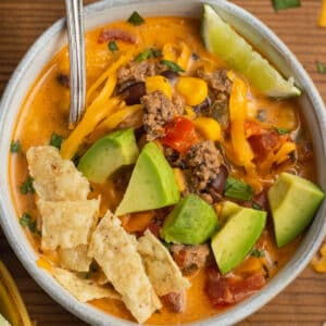 This is a square picture of creamy beef taco soup.