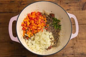 This is a picture of the pot with veggies added to the beef.