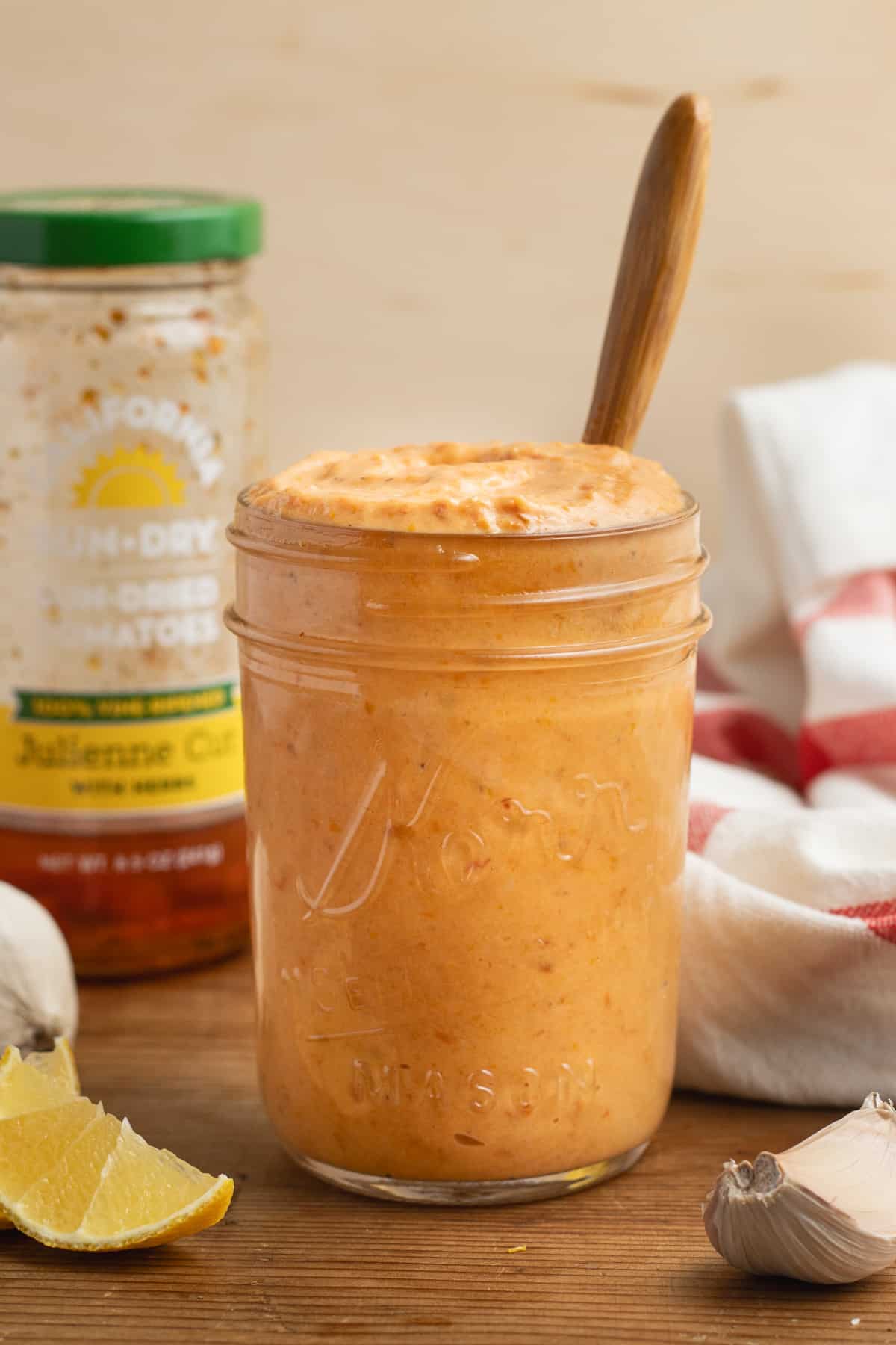 This is a picture of a jar with the sun-dried tomato aioli.