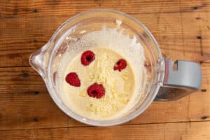 This is a picture of the blended oats with white chocolate and raspberries added.