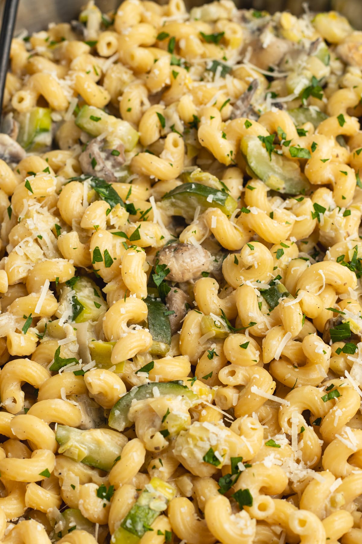 This is a close-up picture for a skillet with the zucchini mushroom leek pasta.