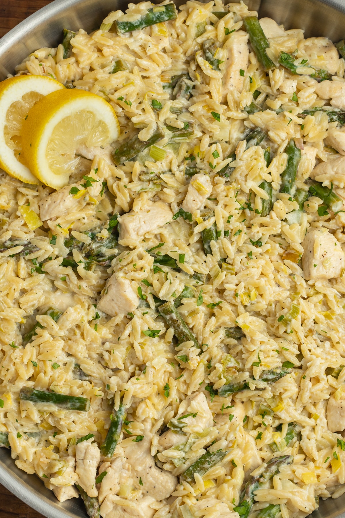 This is a close-up picture or the chicken boursin orzo bake.