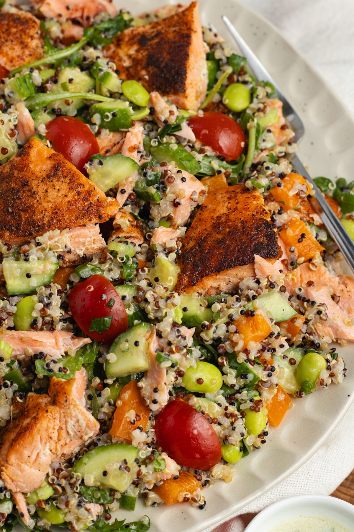 This is a picture of a plate filled with salmon quinoa salad.