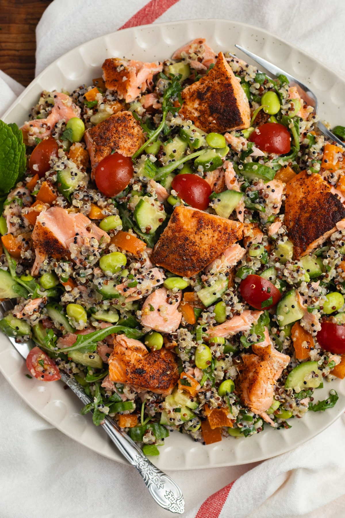 This is a picture of a plate of quinoa salad with chunks of salmon.
